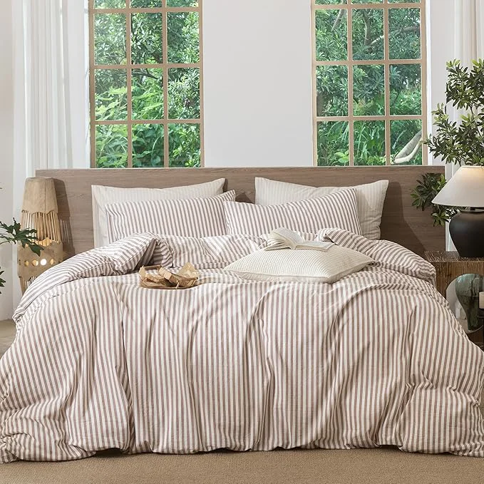 Consistent MooMee Striped Duvet Cover Set Washed Cotton Linen Like Textured Breathable Durable Soft Comfy Orange Classic Stripes King 104 quot x90 quot Long-Lasting