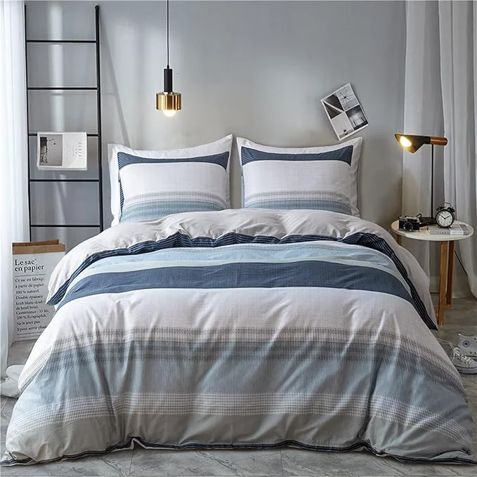 Green EAVD Cotton Duvet Cover Twin XL White Grey Blue Striped Bedding Set with 2 Pillowcases Modern Geometric Striped Duvet Cover with Zipper Closure Convenient