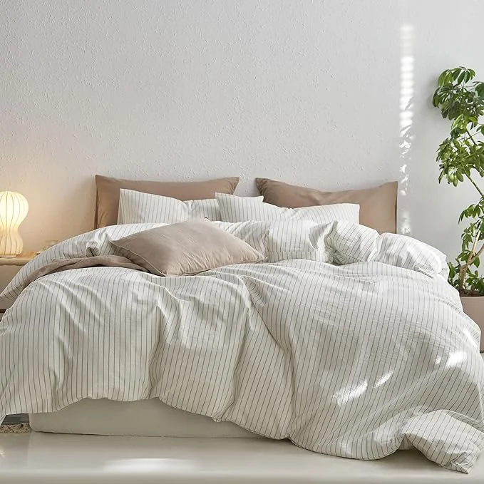 Exceptional MooMee Striped Duvet Cover Set Washed Cotton Linen Like Textured Breathable Durable Soft Comfy White Sage Green Wide Stripes Full 80 quot x90 quot Outstanding