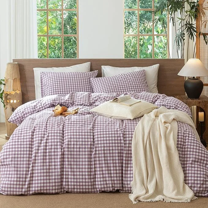 Selected MooMee Gingham Duvet Cover Set Washed Cotton Linen Like Textured Breathable Durable Soft Comfy Modern Checkered Design Classic Gingham Light Purple Twin 68 quot x90 quot Lightweight