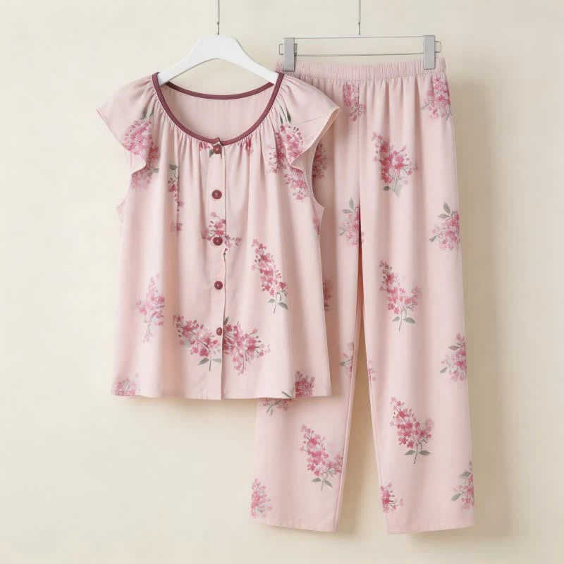 Flexible Ownkoti Floral Flutter Sleeve Button Front Pajamas Functional