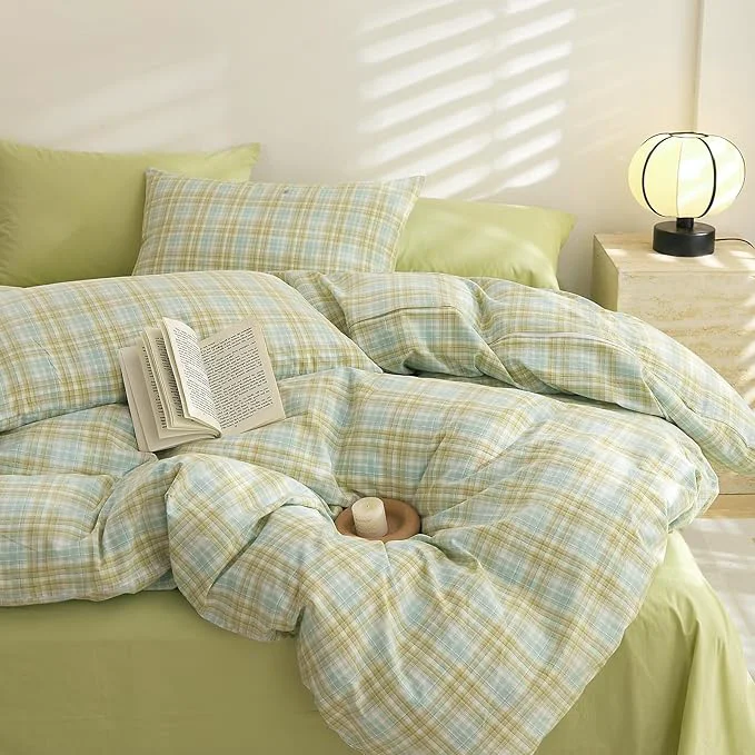 Green EAVD Gingham Duvet Cover King Multicolor Soft Washed Cotton Reversible Grid Plaid Duvet Cover Set with 2 Pillowcases Modern Farmhouse Gingham Bedding Set with Zipper Closure Artisan