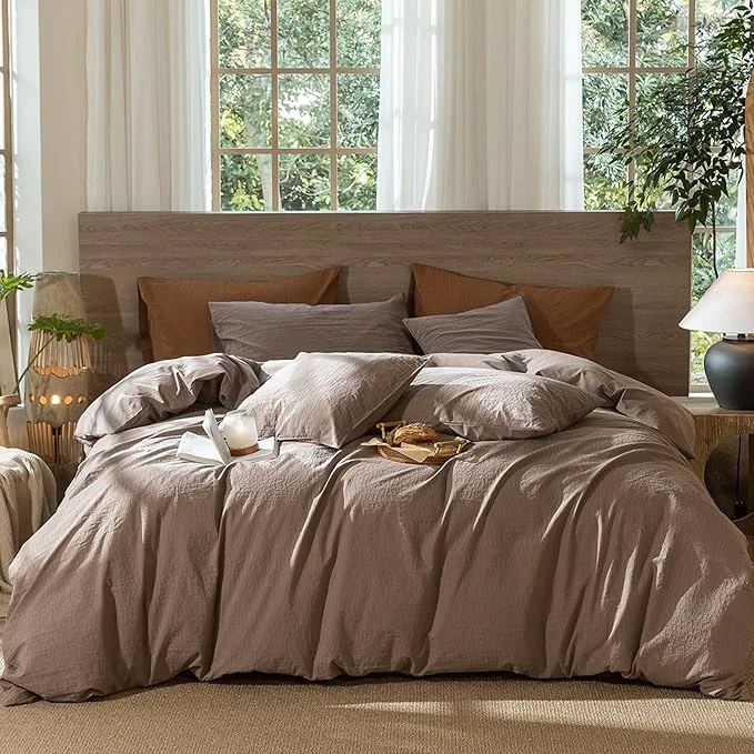 Dependable MooMee Wavy Striped Duvet Cover Set Washed Cotton Linen Like Textured Breathable Durable Soft Comfy Brown Twin 68 quot x90 quot Original Design