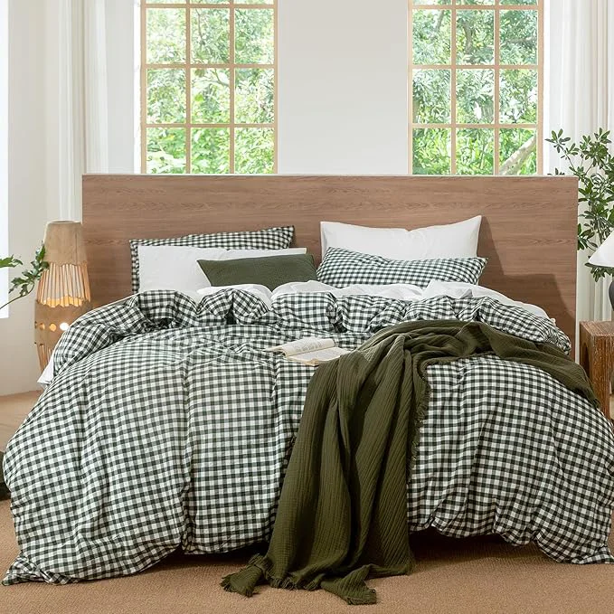Reusable MooMee Gingham Duvet Cover Set Washed Cotton Linen Like Textured Breathable Durable Soft Comfy Modern Checkered Design Forest Green Gingham King 104 quot x90 quot Certified