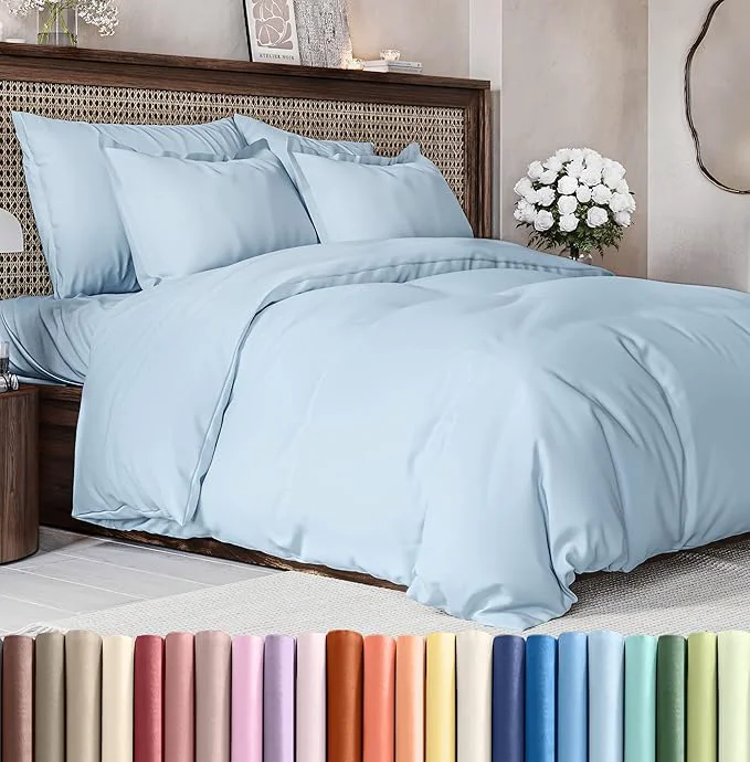 Casual Duvet Cover Queen Size Set – Extra Soft Queen Duvet Cover 90 quot x 90 quot with 2 Pillow Shams – Hotel Luxury Easy Care amp Fade w Zipper Closures amp Ties – All Season Comfy amp Breathable Light Blue Relaxed
