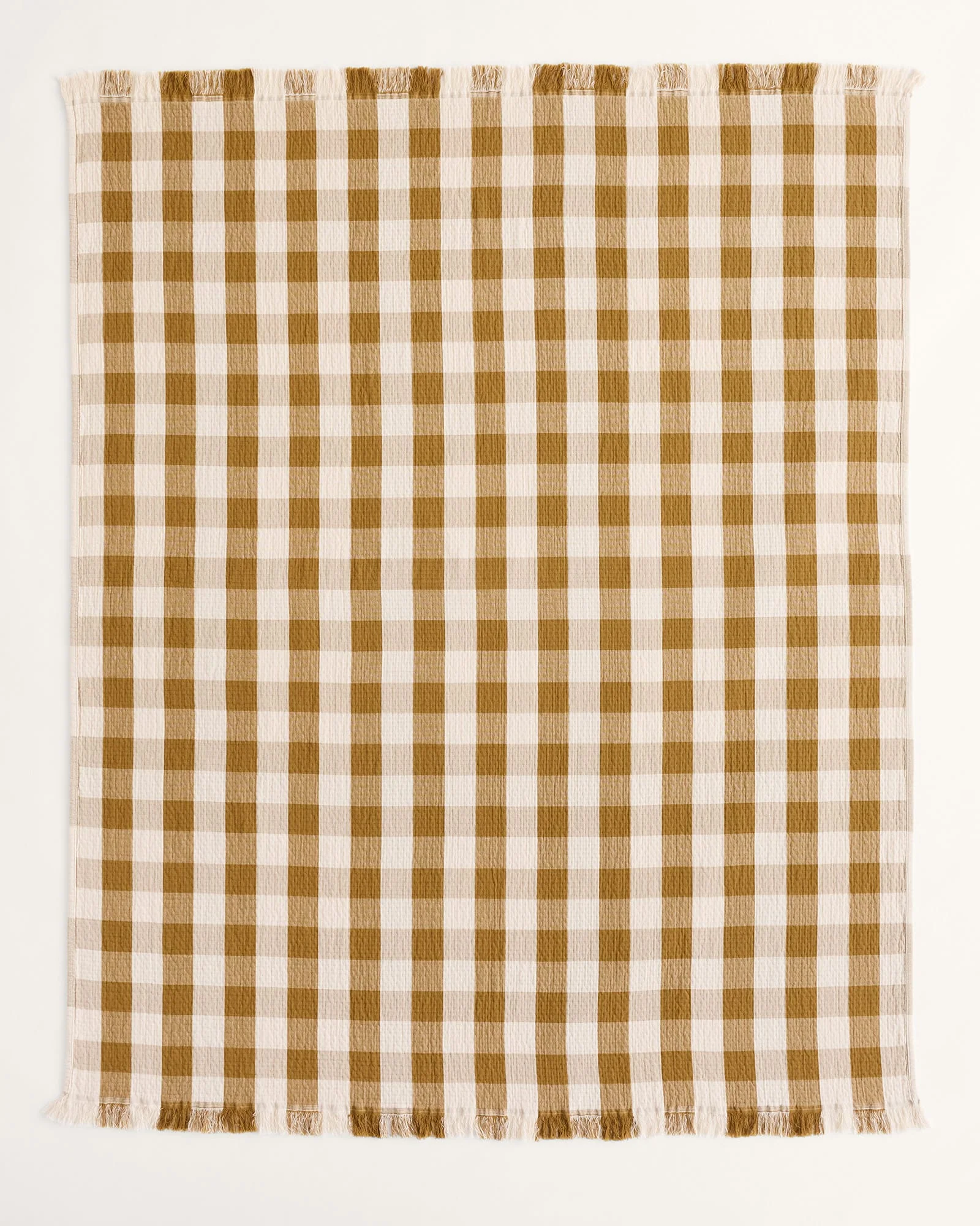 Fashionable Block Plaid Organic Cotton Fringed Throw Ochre Ivory Enhanced