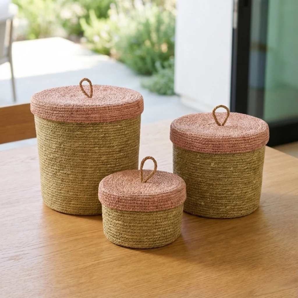 Exclusive Hydra Woven Seagrass Nesting Canisters Set of 3 Rose Prestigious