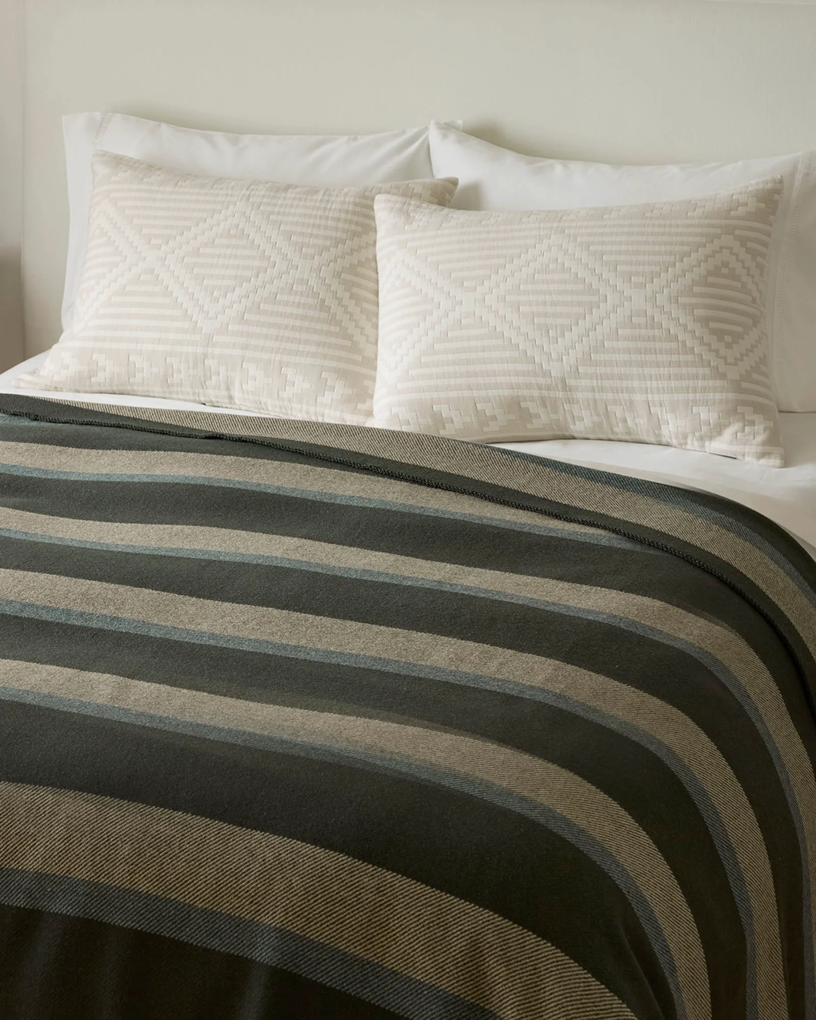 Traditional Eco-Wise Wool Plaid Stripe Blanket Olive Stripe Enhanced
