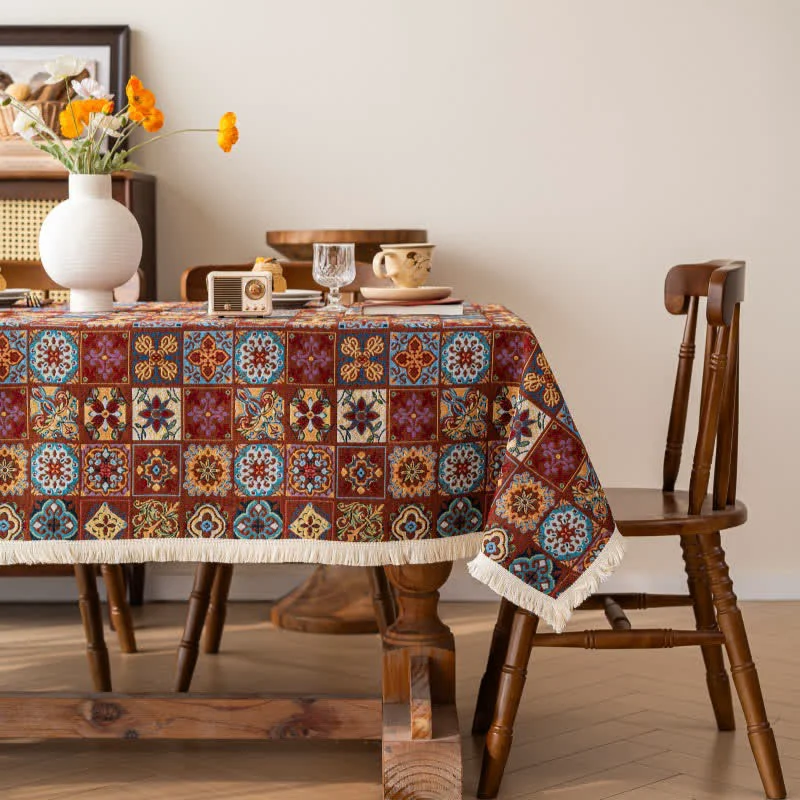 Premium Material Ownkoti Bohemian Retro Ethnic Tile Jacquard Tablecloth High-End