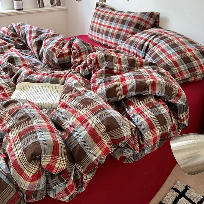 Optimized LifeTB Full Comforter Set Vintage Buffalo Plaid Comforter Set 3 Pieces Red Brown Grid Checkered Comforter with 2 Pillowcases Breathable Soft Farmhouse Grid Pattern Printed Plaid Gingham Bedding Set Easy-to-Use