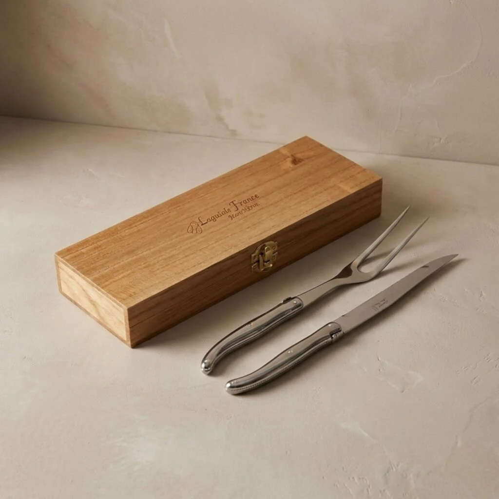 Dependable Laguiole Carving Set Platine Stainless Steel in wooden box Detailed