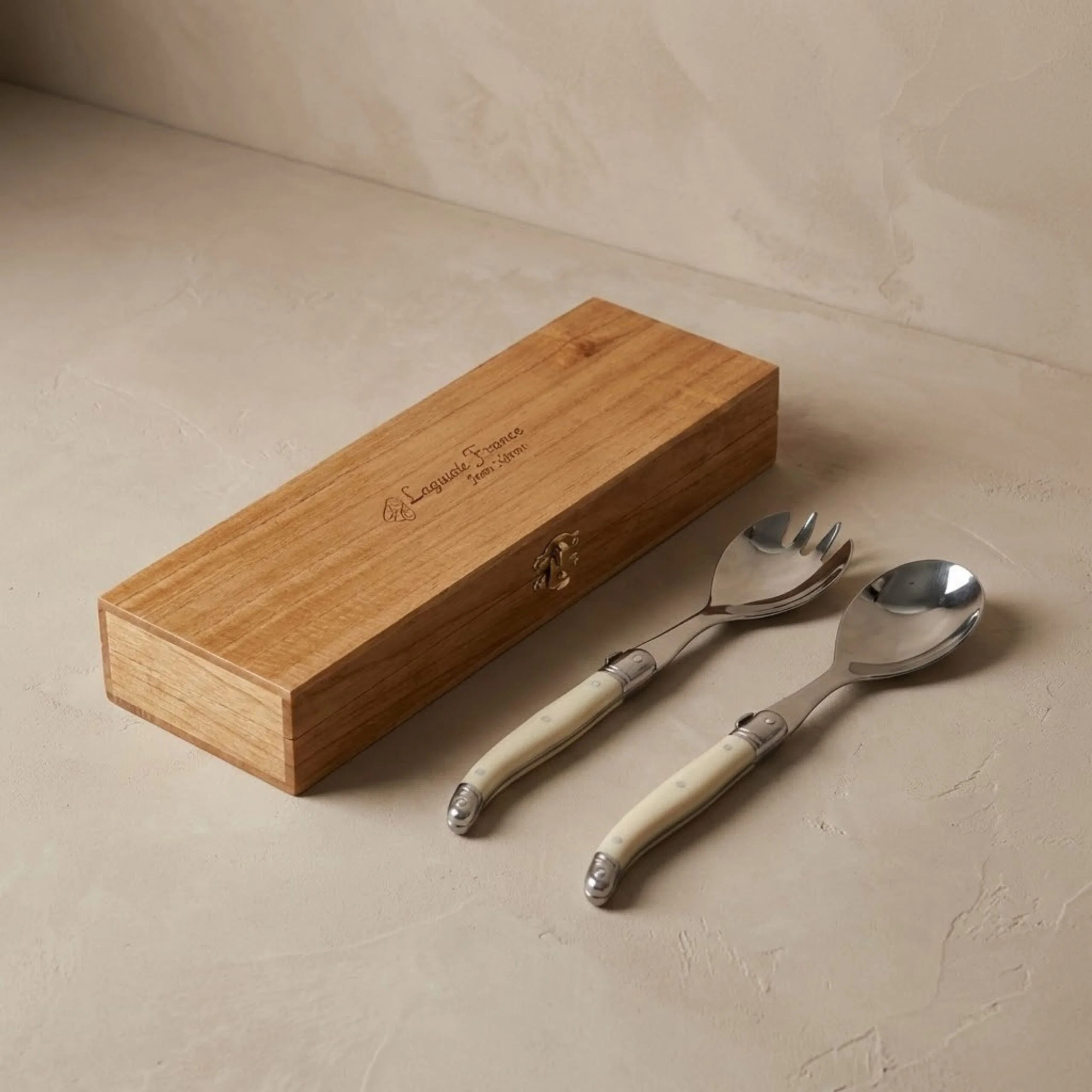 Organic Laguiole Salad Serving Set Ivory in wooden box Stylish