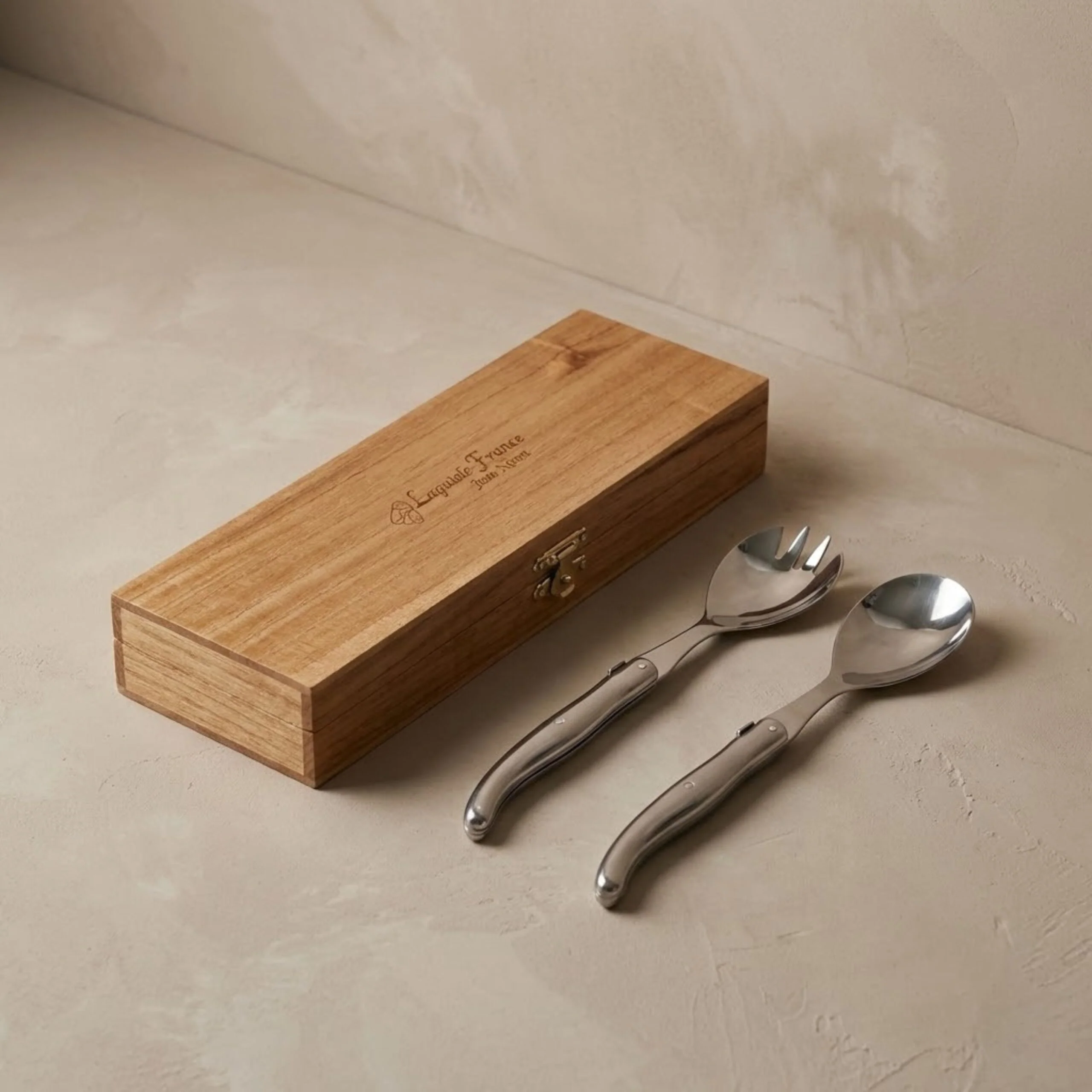 Casual Laguiole Salad Serving Set Platine Stainless Steel in wooden box Original Design