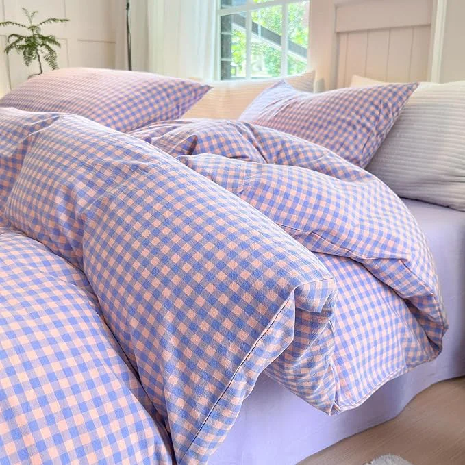 Enhanced LifeTB Purple Gingham Comforter Set King Modern Plaid Checkered Pattern Comforter Soft Gingham Bedding Set Lightweight Purple Pink Grid Plaid Bedding Comforter Fluffy Checkered Comforter Set Fashionable
