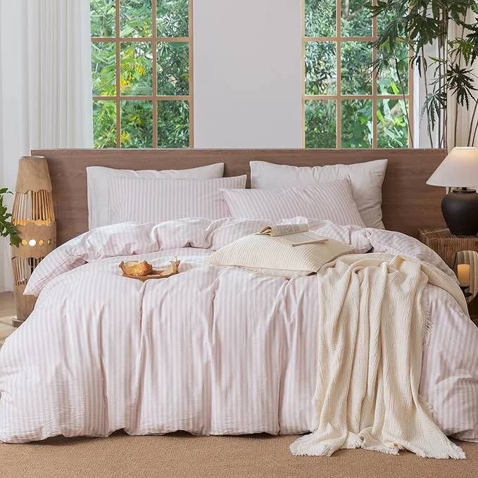 Crafted MooMee Striped Duvet Cover Set Washed Cotton Linen Like Textured Breathable Durable Soft Comfy Heathered Greyish Pink Classic Stripes King 104 quot x90 quot High-Quality