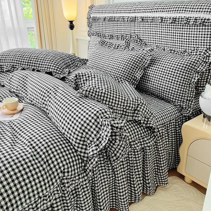 Optimized LifeTB Twin XL Comforter Set Black Gingham Comforter with 2 Pillowcases Vintage Ruffle Plaid Comforter Set Grid Bedding Checkered Pattern Comforter Fluffy Soft Plaid Gingham Bedding Set Twin XL Expertly Made