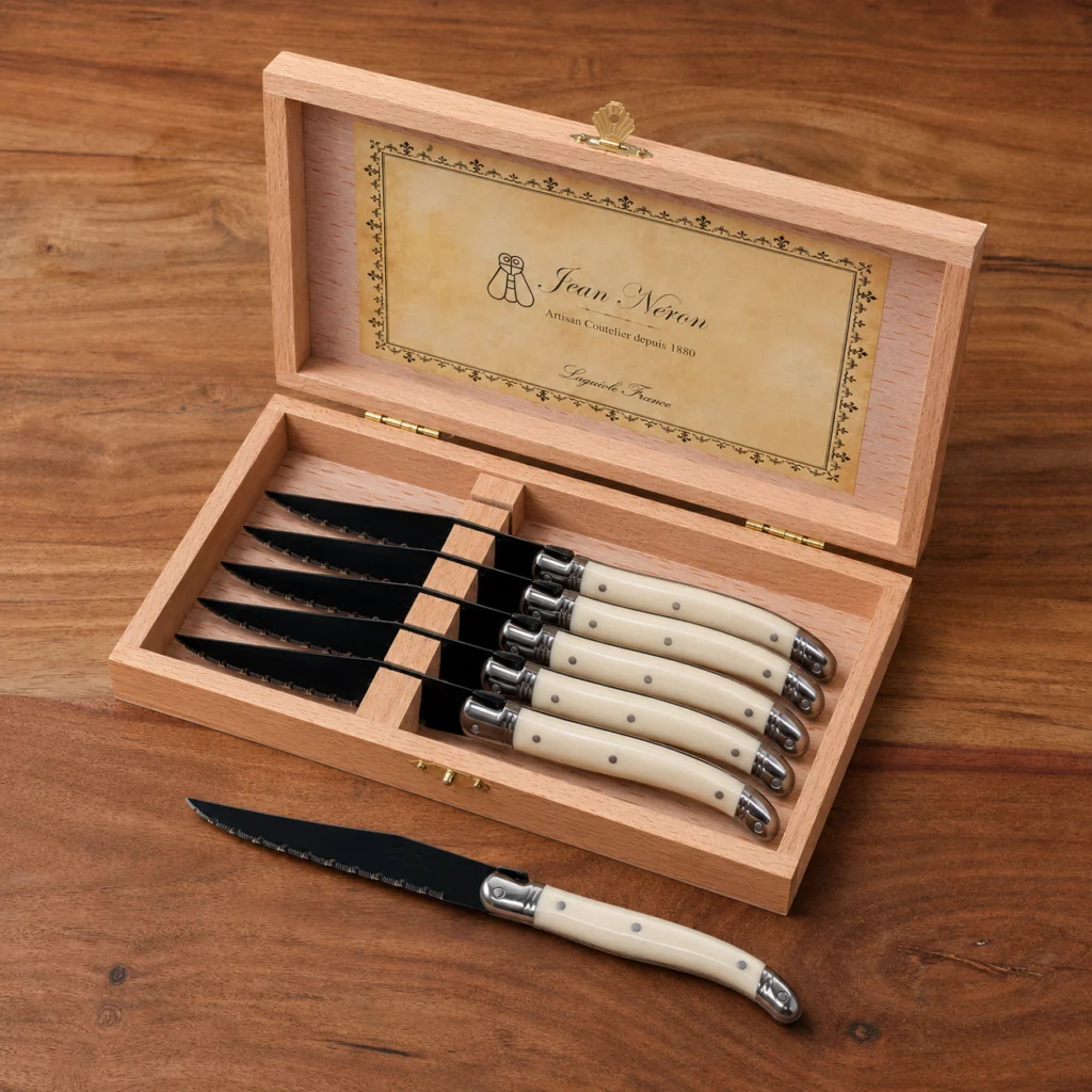 Fashionable Laguiole 6 Piece Steak Knife Set Black Blade amp Ivory Handle in Wood Presentation Box Top-Quality