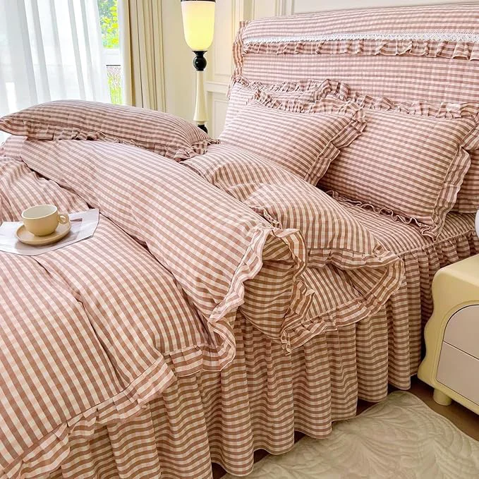 Premium LifeTB Pink Gingham Comforter Set King 3 Pieces Ruffle Pink Plaid Comforter Set Fluffy Soft Grid Bedding Set Vintage Checkered Comforter with 2 Pillowcases Farmhouse Gingham Plaid Bedding Set King Safe