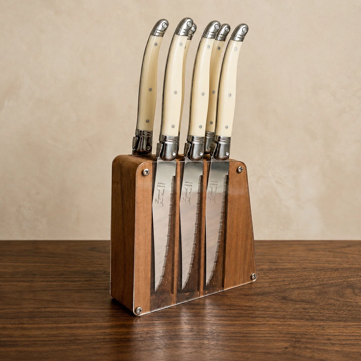 Traditional Laguiole 6 Piece Steak Knife Set Ivory in Acrylic Block Innovative