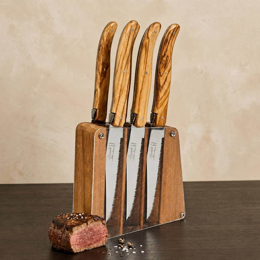 Elegant Laguiole 6 Piece Steak Knife Set Olivewood in Acrylic Block Proven