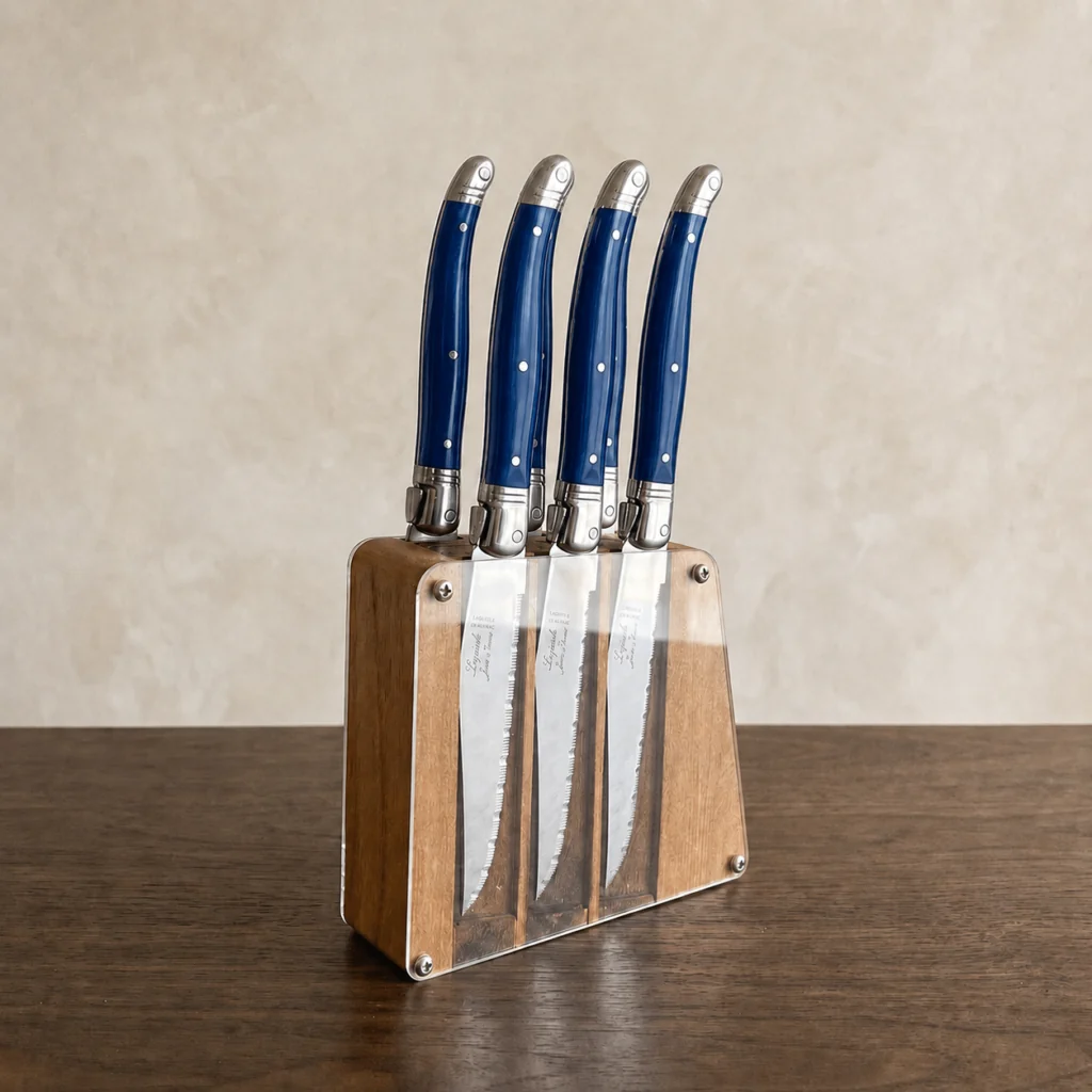 Exceptional Laguiole 6 Piece Steak Knife Set French Blue in Acrylic Block Fast