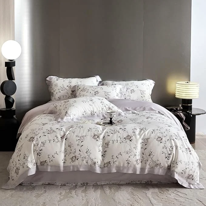 Durable VM VOUGEMARKET Lilac Flower Duvet Cover Queen Silk-Like Smooth amp Cool Eucalyptus Lyocell Duvet Cover with 2 Pillow Shams Moisture Wicking Cooling Bedding Set for Summer-Queen Purplish Grey Sustainable