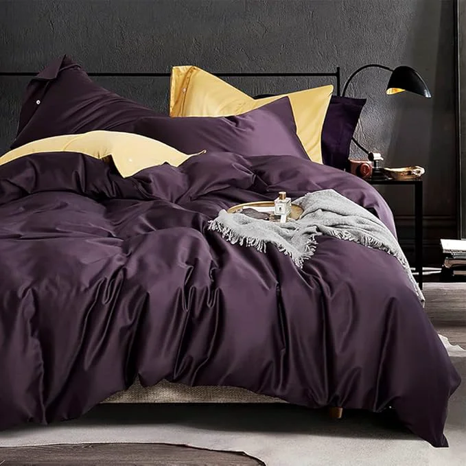 Casual EAVD Modern Style Dark Purple Duvet Cover King Soft Cotton Reversible Purple Bedding with 2 Button Pillowcases Luxury Solid Color Dark Purple Comforter Set with Zipper Closure Trusted