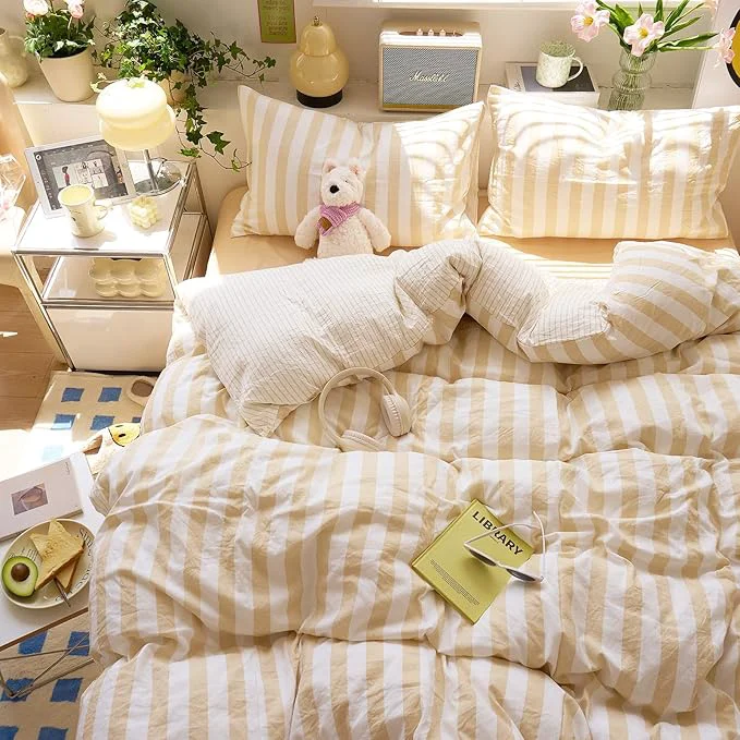 Fast EAVD Beige Striped Duvet Cover King Soft Washed Microfiber Striped Reversible Bedding Set with 2 Pillowcases Modern Farmhouse Geometric Pattern Duvet Cover with Zipper Closure Proven