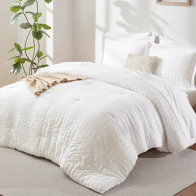 Artisan CozyLux Oversized King Comforter Set White Seersucker 7 Pieces 120×98 Bed in a Bag Comforter Set with Sheets Luxury Soft Bedding Sets with Down Comforter Sheets Pillowcases amp Shams Versatile