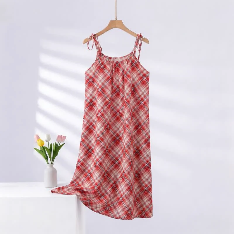 Traditional Ownkoti Red Plaid Tie Straps Nightgown Refined