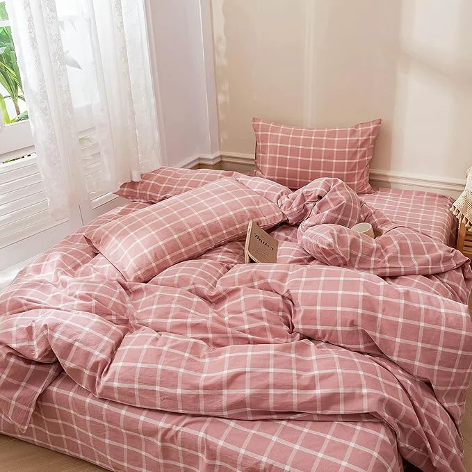 Trusted EAVD Modern Style Pink Floral Duvet Cover King Soft Soft White and Pink Grid Plaid Bedding Set with 2 Pillowcases Reversible Checkered Geometric Pattern Duvet Cover with Zipper Closure Excellent