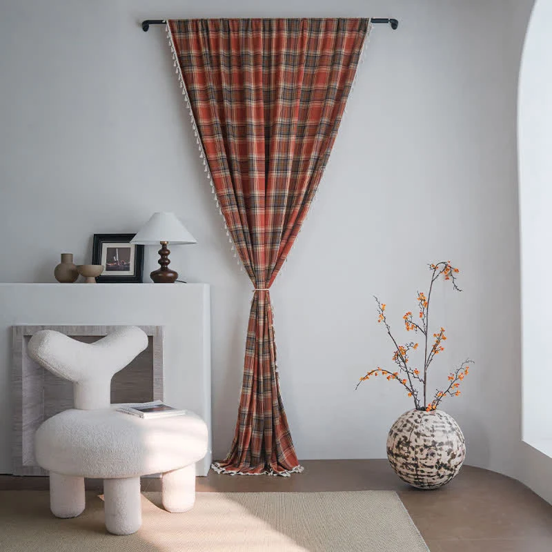 Elegant Ownkoti Farmhouse Style Rust Red Plaid Tassel Curtain Minimalist