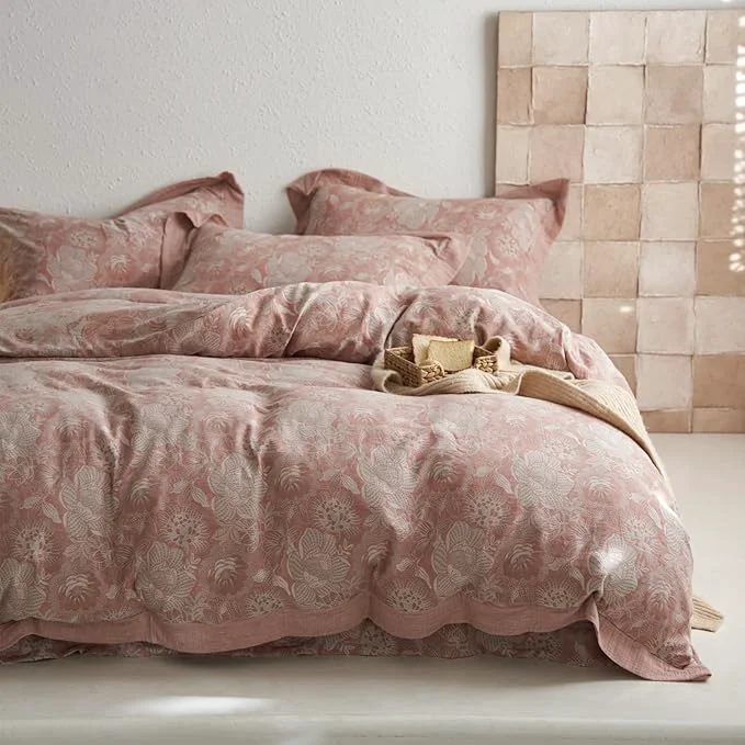 Smooth VM VOUGEMARKET Jacquard Floral Duvet Cover Set King Yarn-Dyed Cotton Blush Pink Flower Duvet Cover Bordered Vintage Garden Style Bedding Set King Size 3 Pieces Carefully Designed