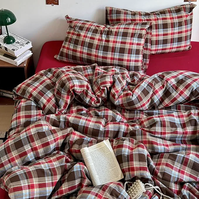 Innovative EAVD Vintage Red Brown Buffalo Plaid Duvet Cover Twin XL Wasehd Cotton Plaid Bedding Set with Grid Checkered Pattern Farmhouse Gingham Duvet Cover with Zipper Closure 2 Pillowcases for All-Season Quality