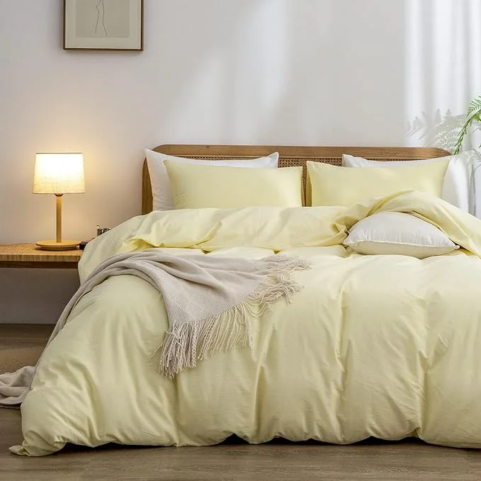 Detailed OUCH Duvet Cover Set Washed Cotton Linen Feel Super Soft Comfortable Chic Lightweight 3 PCs Home Bedding Set Solid Light Yellow Alaska King Convenient