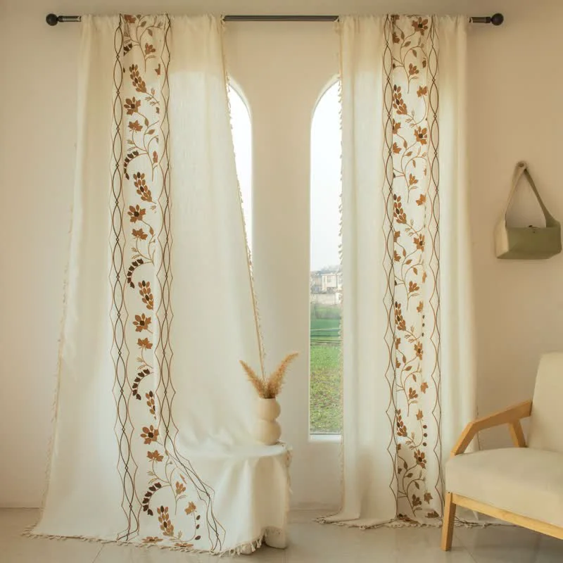 Natural Ownkoti Floral Vine Light Filtering Curtain with Tassels Relaxed