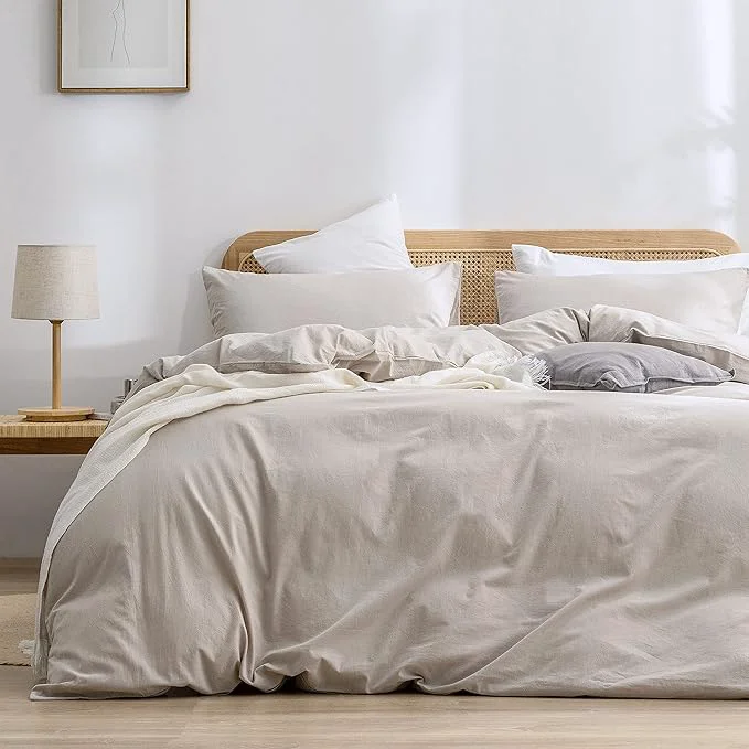 Unique OUCH Duvet Cover Set Washed Cotton Linen Feel Super Soft Comfortable Chic Lightweight 3 PCs Home Bedding Set Solid Linen Grey Oversized Queen Effective
