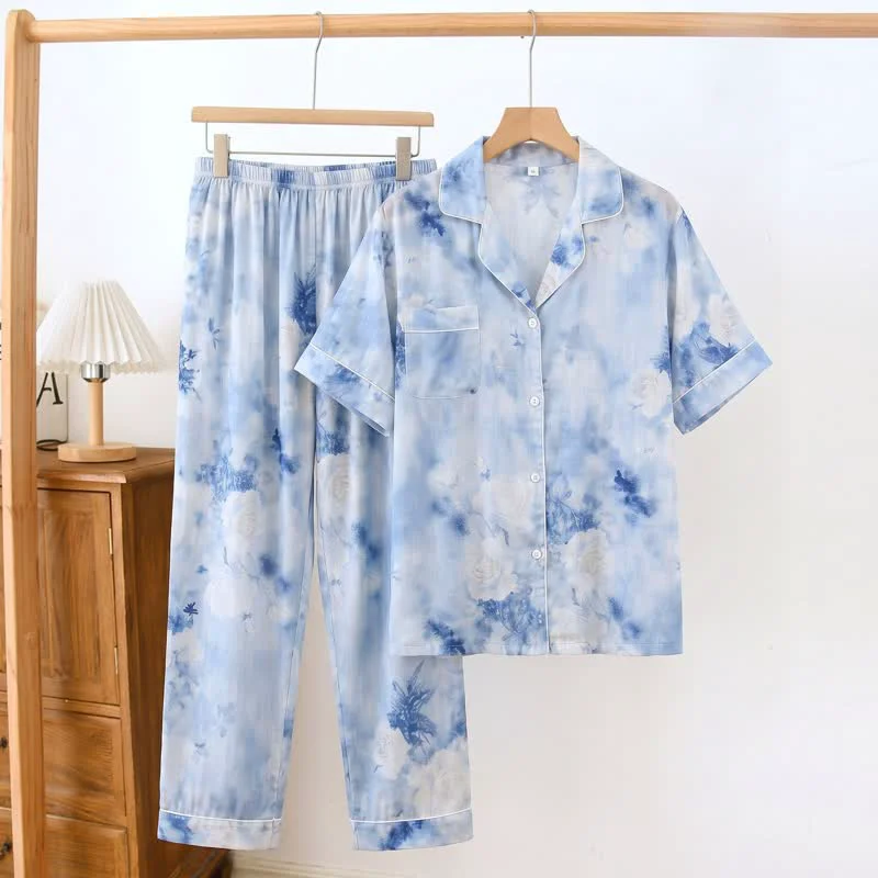 Lightweight Ownkoti Blue Watercolor Floral Silky Loungewear Set Safe