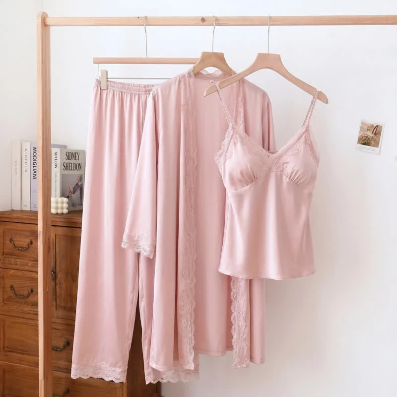 Certified Ownkoti Elegant Silky Lace Trim Loungewear Set 3PCS Recyclable