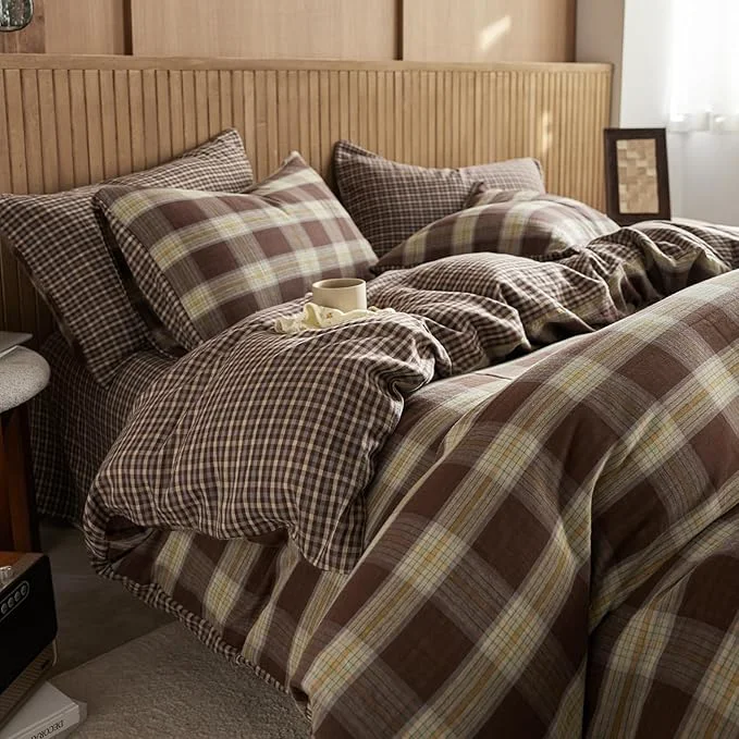 Elite EAVD Vintage Yellow amp Brown Plaid Duvet Cover Twin Soft Muslin Cotton Retro Grid Checkered Plaid Bedding Set with 2 Pillowcases Farmhouse Reversible Gingham Duvet Cover with Zipper Closure Lightweight