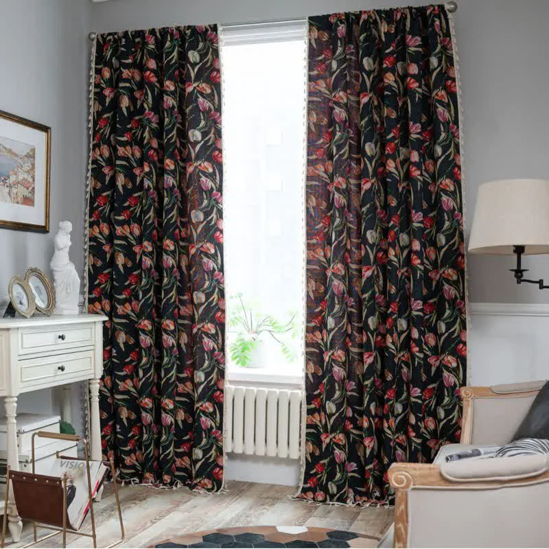 Premium Ownkoti Tulip Floral Jacquard Curtain with Tassel Eco-Friendly