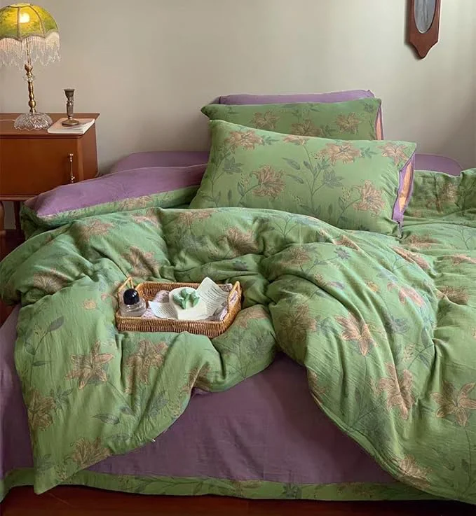 High-Grade VM VOUGEMARKET Linen Cotton Jacquard Duvet Cover Queen 3 Pcs Yarn-Dyed Textured Duvet Cover Set Green Purple Floral Bedding Breathable Natural Wrinkled Look-No Comforter Fashionable