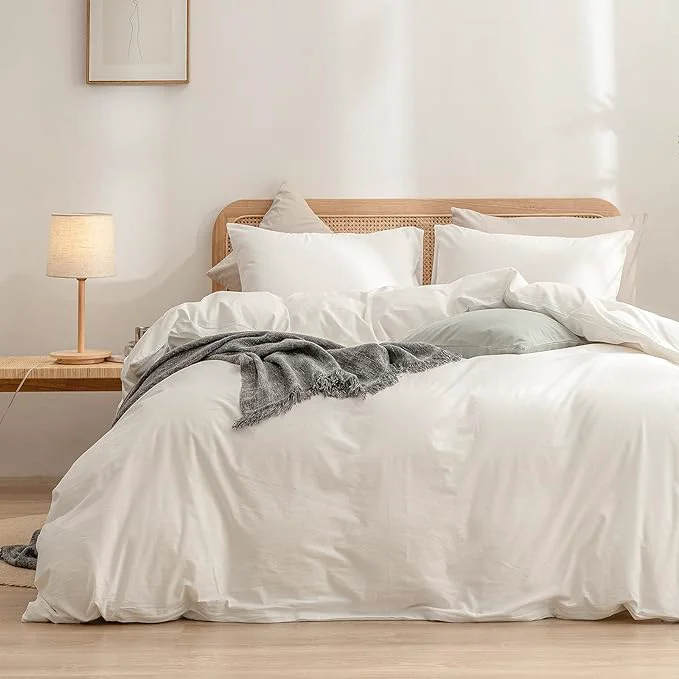 Innovative OUCH Duvet Cover Set Washed Cotton Linen Feel Super Soft Comfortable Chic Lightweight 3 PCs Home Bedding Set Solid Off White Super King Plus Smart
