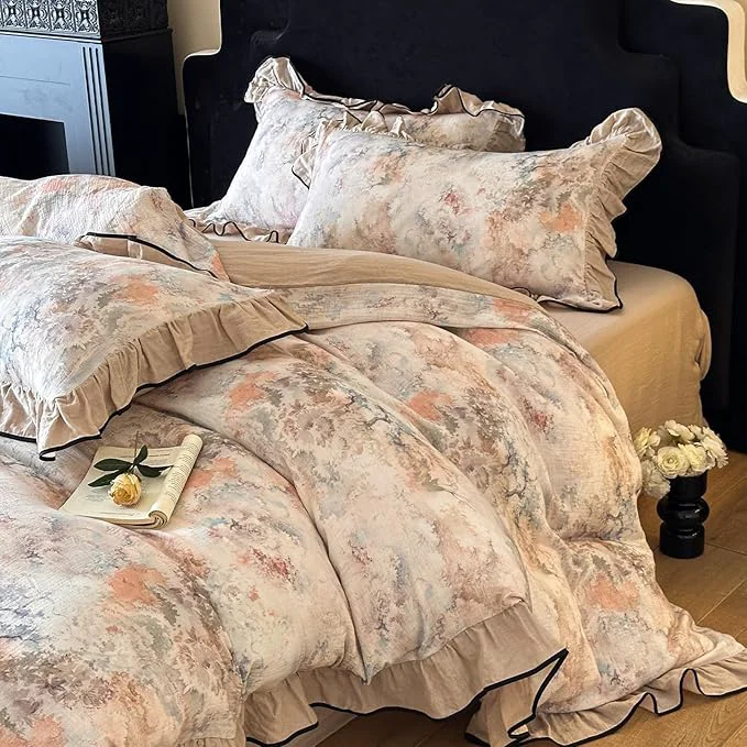 High-End VM VOUGEMARKET Full Duvet Cover with Romantic Ruffles Breathable Muslin Cotton Soft Textured Gauze Weave Comforter Cover with Zip Closure and Corner Ties- 80 quot x90 quot Reliable