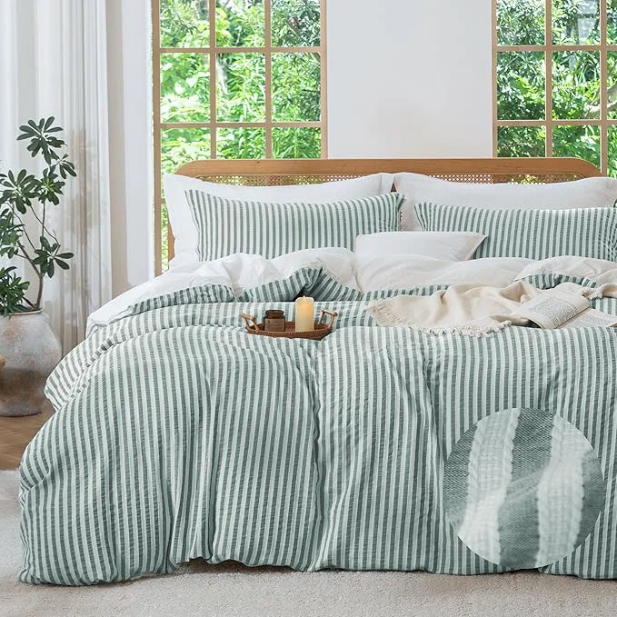 Proven MILDLY Green Striped Duvet Cover – Washed Cotton Jacquard Textured Comforter Cover with Dual Zipper Closure amp 8 Coner Ties Fine Crafted
