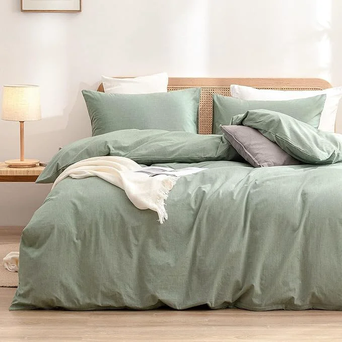 Traditional OUCH Duvet Cover Set Washed Cotton Linen Feel Super Soft Comfortable Chic Lightweight 3 PCs Home Bedding Set Solid Green Alaska King Healthy