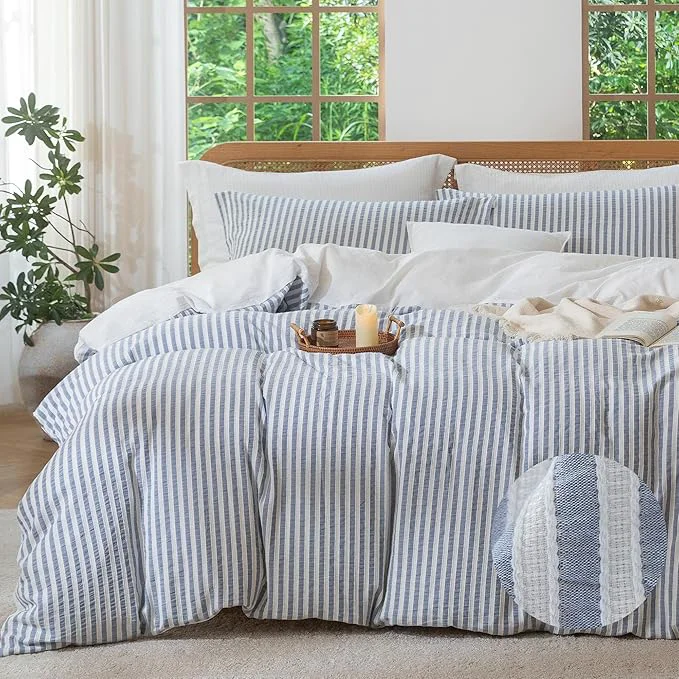 Recyclable MILDLY Blue Striped Duvet Cover – Washed Cotton Jacquard Boho Textured Comforter Cover 3pcs with Zipper Closure 80 quot x90 quot Top-Quality