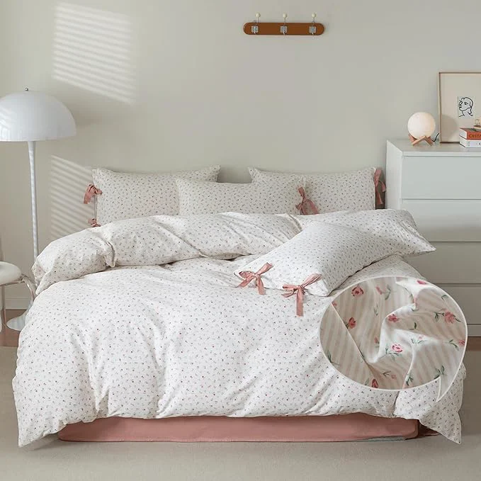 Smart VM VOUGEMARKET Rose Flower Duvet Cover Queen Stripes Bedding Set Cotton Vintage Country Style Girls Comforter Cover with 2 Bow Tie Pillowcases Off-White Cream Unique