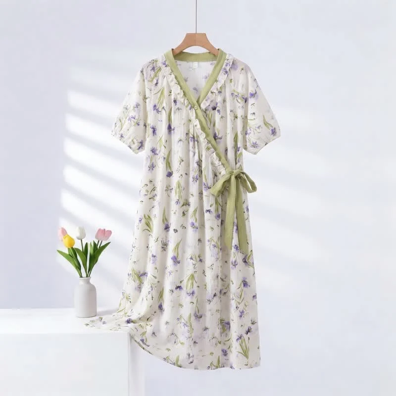 Outstanding Ownkoti Purple Floral Ruffled Side-tie Nightgown Flexible