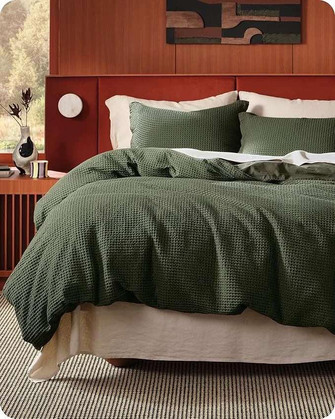 High-Grade Bedsure Cotton Duvet Cover King – Cotton Waffle Weave Olive Green Duvet Cover King Size GentleSoft™ and Breathable Bedding Set for All Season 3 Pieces 104 quot x90 quot Elegant